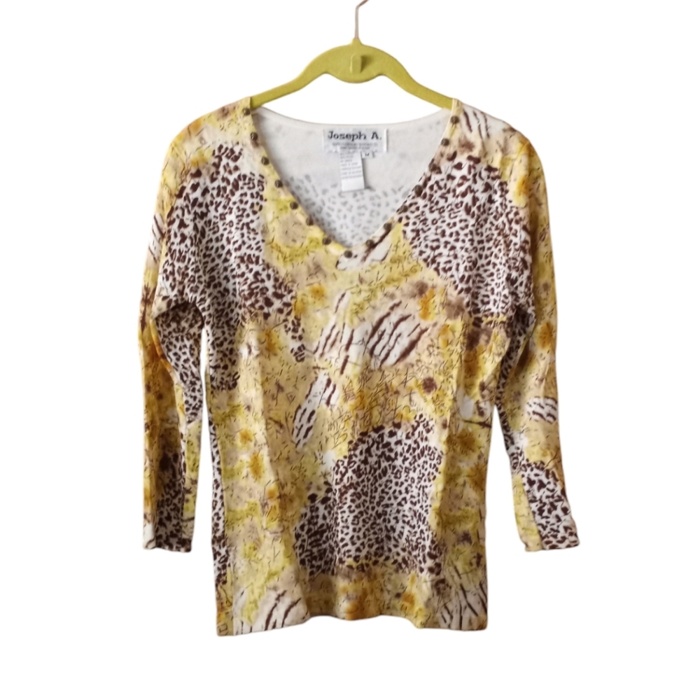 Joseph A. Animal Print Top Medium Pullover V-neck Studs Yellow Multicolor